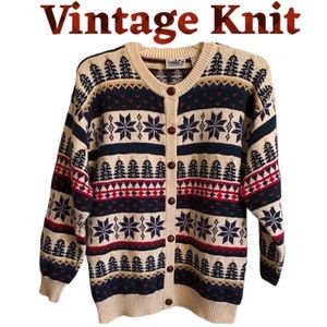 Vintage Fair Isle Sweater Knit Cardigan Nordic Christmas Snowflake Cottagecore